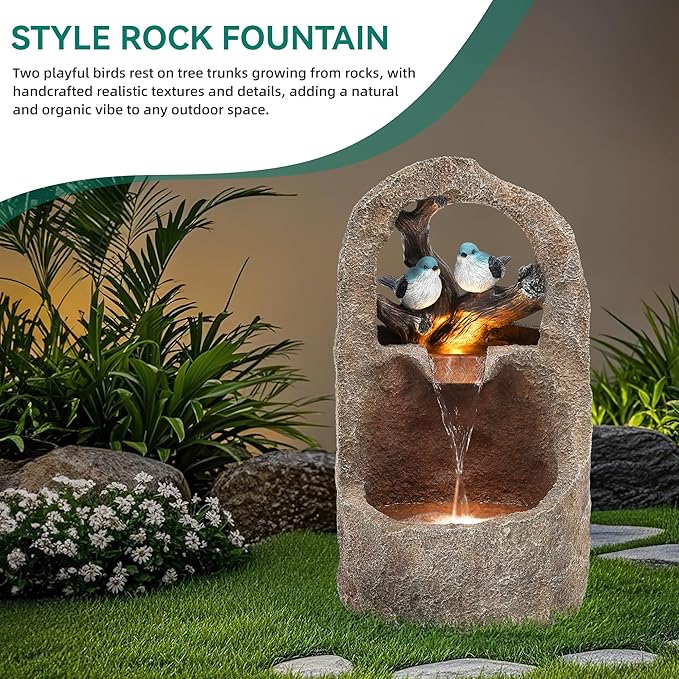 Autodaya 27" Outdoor Water Fountain with LED Lights,2-Tier Bird Natural Zen Garden Fountain, Relaxing Waterfall Floor, Yard, Porch or Deck Decor, Whether-Resistant, Faux Granite Texture