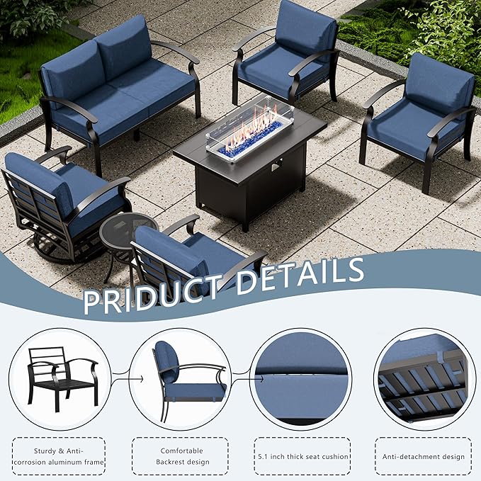 Aluminum Patio Furniture Set with Fire Pit Table, 6 Seats Outdoor Patio Conversation Sets with Swivel Chair Modern Metal Patio Sectional Sofa with Upgrade Cushions for Patio, Backyard Navy