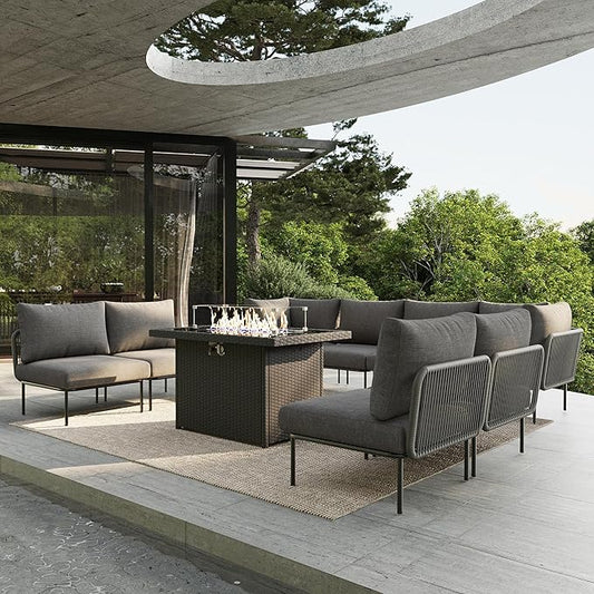 9 Piece Modern Outdoor Rope Wicker Sectional Patio L-Shaped Conversation Sofa Set Deep Seating with Fire Pit Table