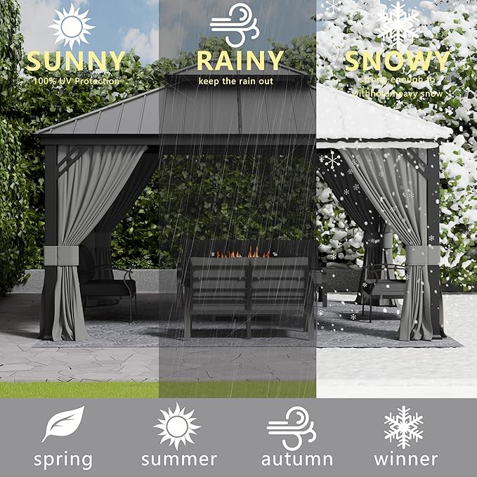 12x14ft Hardtop Gazebo Double Roof, Outdoor Pavilion with 2-Layer Hard top Galvanized Iron Frame Garden Tent, Suitable for courtyards, backyards, Decks, and Grass