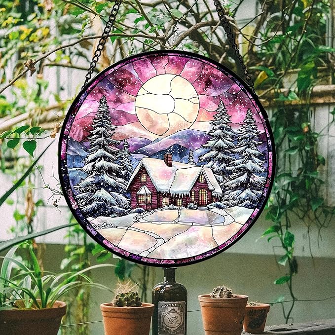 AMDERVEN Stained Glass Window Hanging - Winter Snow Scene Cabin Moon Sun Catcher for Door Garden Home Decor Pine Tree Suncatcher Christmas Mother's Day Birthday Gifts for Women Men Mom Nana 6.3 in