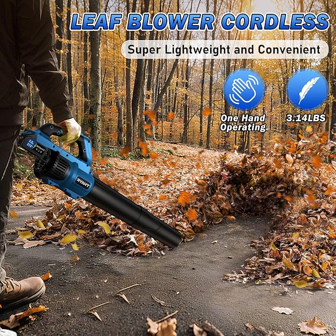 RYAHT Leaf Blower Cordless, 21V Powerful Electric Leaf Blower with 2 X 4.0Ah Batteries and Charger, 2 Speed Modes, Handheld Lightweight Leaf Blowers for Lawn Care, Patio, Dust, Blowing Leaves, Blue