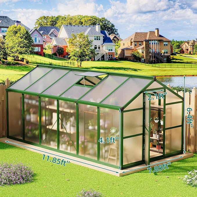 8x12 FT Greenhouse - Large Aluminum Greenhouses for Outdoors, Heavy Duty Polycarbonate Greenhouse with Roof Vent&Ground Nails, Walk-in Green Houses for Garden, Backyard, Patio, Easy Assembly