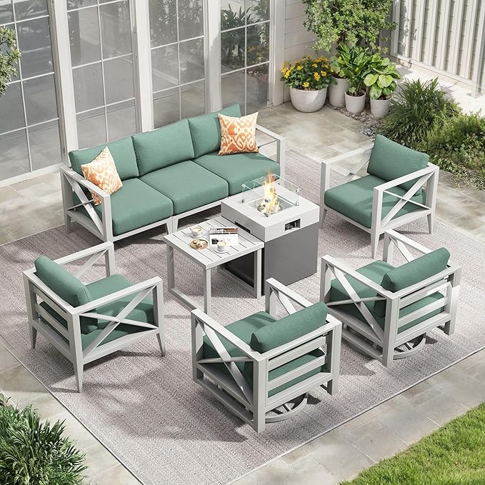 Aluminum Patio Furniture Set with Fire Pit Table,7-Seats Patio Sectional Conversation Sofa with 6" All-Weather Cushions and 2 Swivel Rocking Chairs,Outdoor Furniture Set(White)