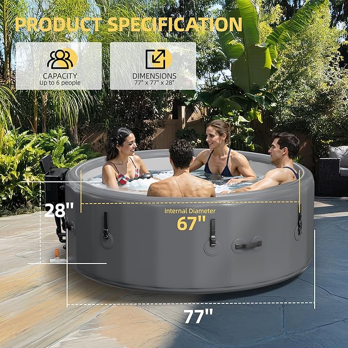 4-6 Person Inflatable Hot Tub, Portable Outdoor Spa with 160 Soothing Air Jets(77" x 28"), Portable Hot Tub with Cover and Heater Pump, Gray