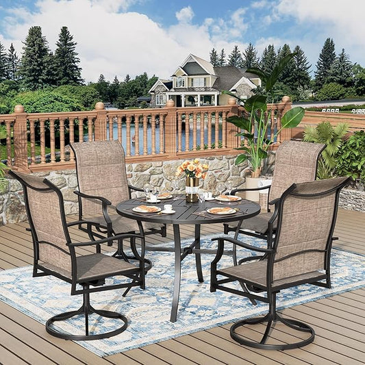 5 Pieces Patio Dining Set, Outdoor Table and Chairs, 4 x Textilene Swivel Dining Chairs and 42" Round Black Table, with 1.57" Umbrella Hole, for Cozy Garden Settings, Grayish Brown