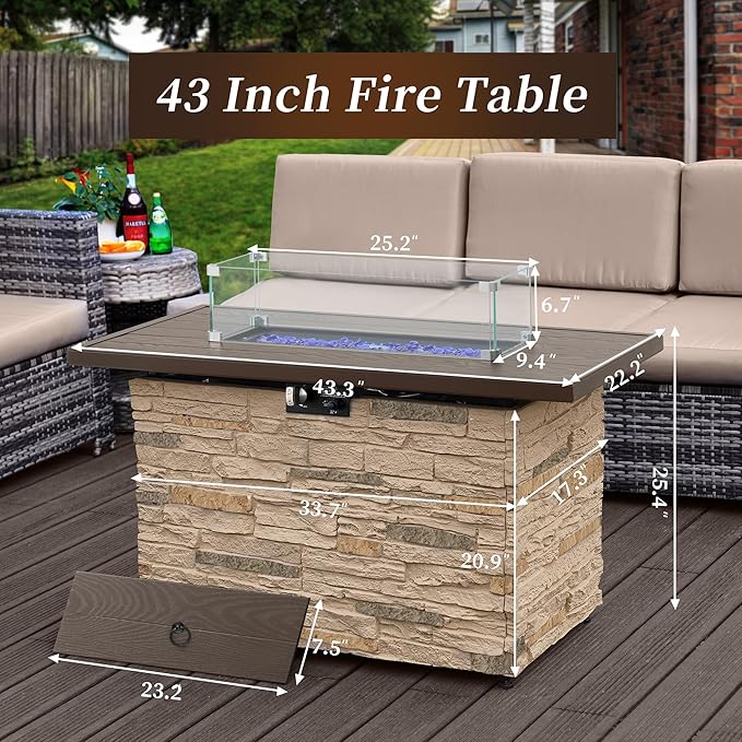 PIZZELLO 43¡± Propane Fire Pit Table Outdoor Rectangular Stone Firepit Table 50,000 Btu Propane Fire Tables for Outside Patio with Glass Wind Guard, Lid, Fire Glass Beads,Buff Rock Look