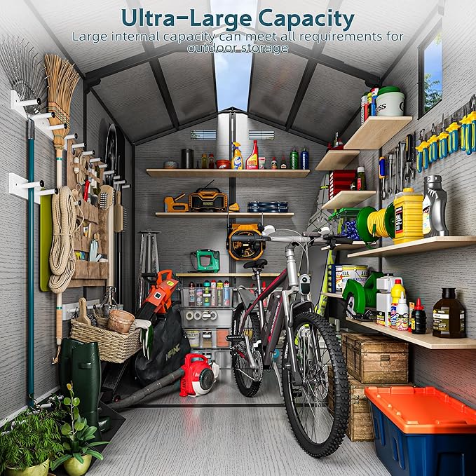 6X8 FT Outdoor Storage Sheds, Plastic Storage Shed with Floor & Drainage Channel for Bikes, Furniture, Gardening Tools, Lockable Outdoor Shed Suitable for Backyard, Patio, Lawn