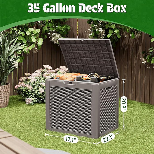NUNU LAB 35 Gallon Outdoor Storage Box Waterproof,Indoor Outside Deck Boxes,Storage Bench Lockable Lid,Backyard Storage Bin For Package Delivery,Garden Tools,Pool Accessories,Patio Cushions