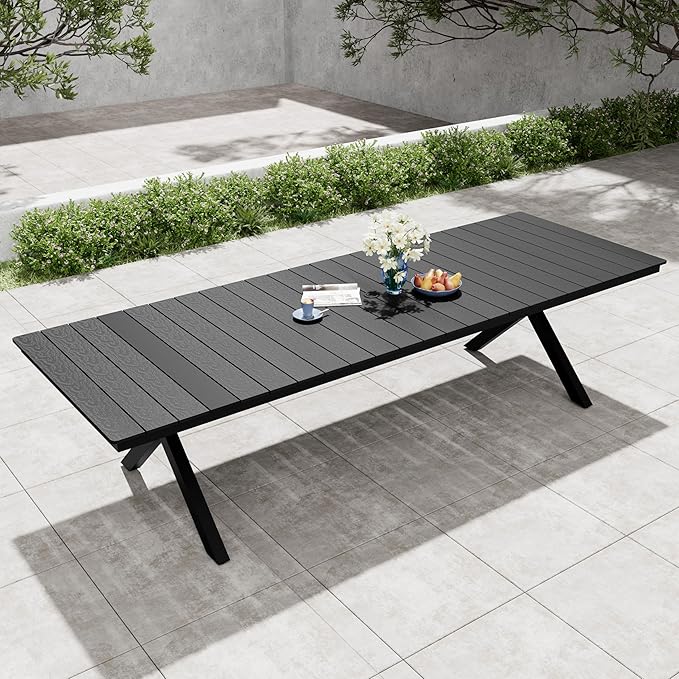 Pellebant 118" Outdoor Dining Table for 8-12, Aluminum Patio Dining Table with Umbrella Hole, Waterproof Wood-Like Tabletop for Lawn Garden Backyard, Black