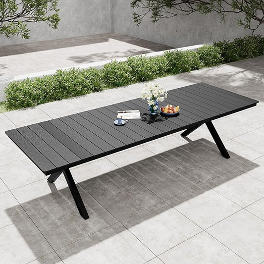 Pellebant 118" Outdoor Dining Table for 8-12, Aluminum Patio Dining Table with Umbrella Hole, Waterproof Wood-Like Tabletop for Lawn Garden Backyard, Black