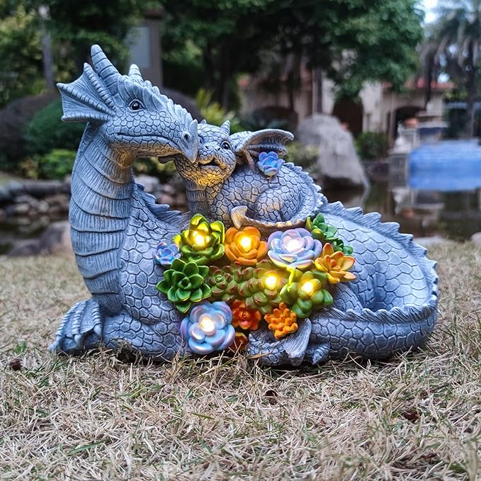 VIOYOUNS Solar Dragon Statue with LED Lights, Dargon Lover Gifts with Succulent and 6 LED Lights for Outdoor,Solar Dragon Decor for Yard, Garden and Patio, Unique Garden Statue for Mom Grandma