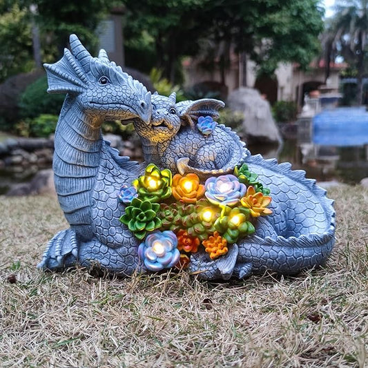 VIOYOUNS Solar Dragon Statue with LED Lights, Dargon Lover Gifts with Succulent and 6 LED Lights for Outdoor,Solar Dragon Decor for Yard, Garden and Patio, Unique Garden Statue for Mom Grandma