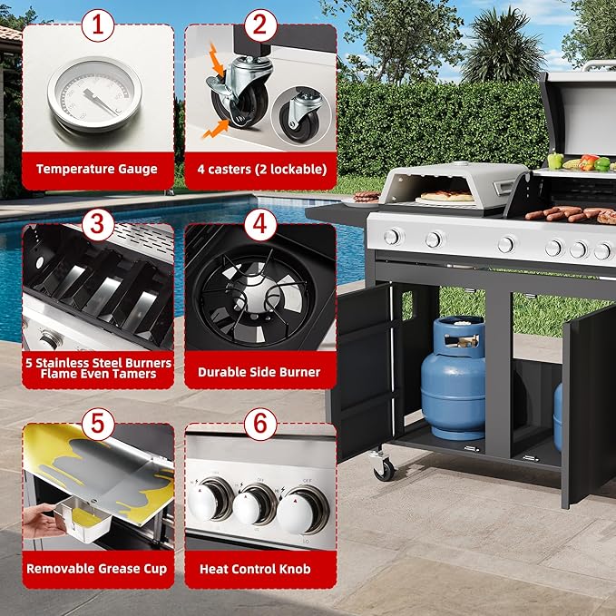 MELLCOM 3 IN 1 Pizza Griddle Grill Combo, 74,000 BTU 5-Burner Stainless Steel Propane Gas Grill with Side Burner, Porcelain Enameled Cast Iron Grates, Griddle & Pizza Oven for Outdoor Patio Backyard