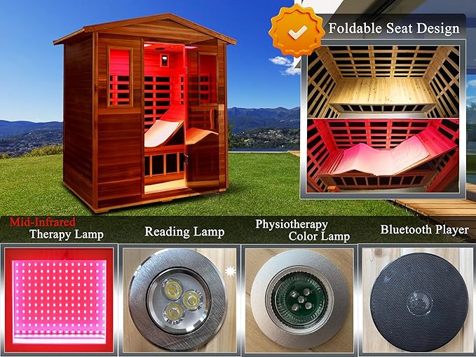 LTCCDSS Full Spectrum Outdoor Red Cedar Sauna 3-Person, Low EMF Far Infrared Sauna Room for Home, Withstand Outdoor Temp -10℉-149℉| Chromotherapy-Bluetooth Speaker (81.1 * 45 * 83.5 inch)