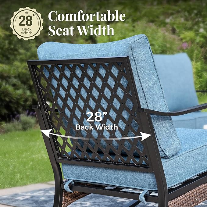 Patio Furniture Set with Firepit Table, Black Frame Outdoor Conversation Set with 4 x Fixed Chairs, 1 x 3-Seat Sofa for Lawn Garden Backyard, Navy Blue