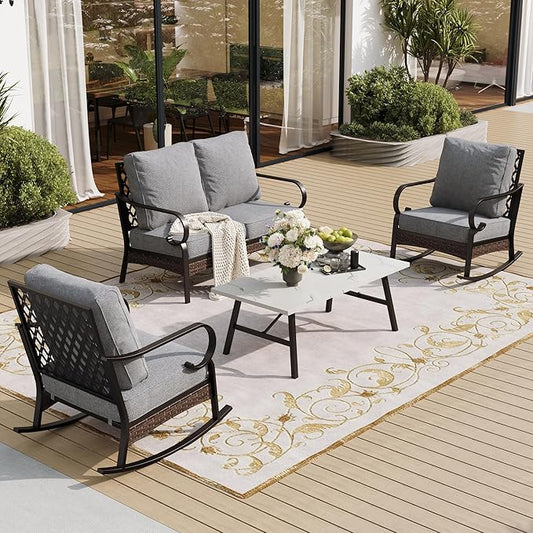 4 Piece Metal Outdoor Patio Furniture Sets, Patio Conversation Sets 1 Loveseat, 2 Rocking Sofa with 5.75" Extra Thick Cushion and Coffee Table, Balck Frame Backyard Furniture, Gray