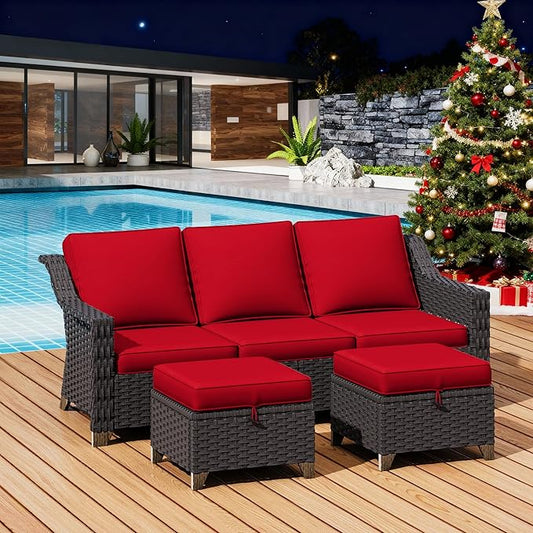 3 Pieces Outdoor Conversation Furniture Set - 77" Patio Sofa, 2 Rattan Wicker Ottomans, Patio Wicker Couch Set with Water-Resistant and Washable Cushions for Sunroom, Deck, Porch (Red)