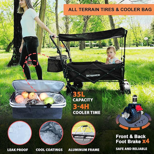SKYMANOR Collapsible Wagon Folding Garden Cart with Removable Canopy Utility Heavy Duty Wagon Cart with All-Terrain Wheel Storage Brake for Camping Shopping (Upgraded Canopy-Black)