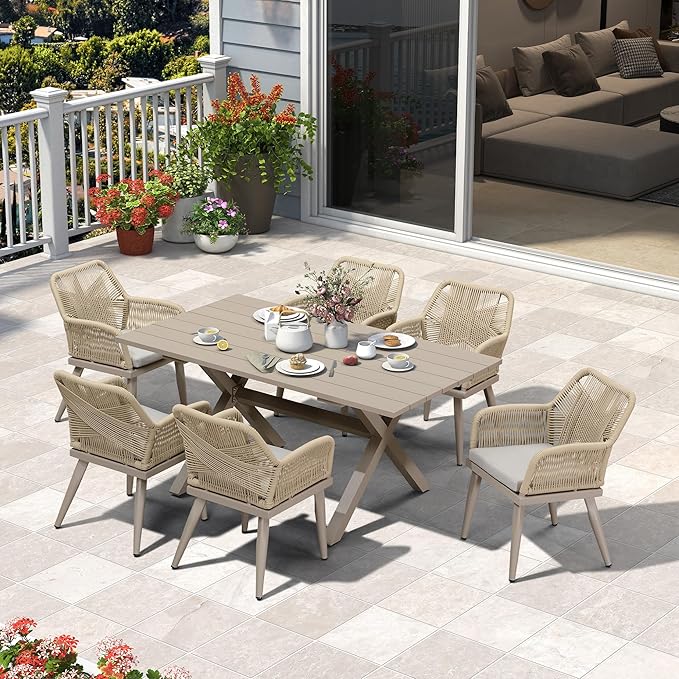 PURPLE LEAF 10' x 14' Outdoor Hardtop Gazebo with 7 Pieces Outdoor Dining Set, Champagne Aluminum Gazebo with Galvanized Steel Double Roof, Curtains and Netting for Patio Lawn and Garden