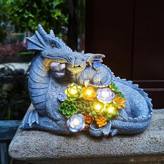 VIOYOUNS Solar Dragon Statue with LED Lights, Dargon Lover Gifts with Succulent and 6 LED Lights for Outdoor,Solar Dragon Decor for Yard, Garden and Patio, Unique Garden Statue for Mom Grandma