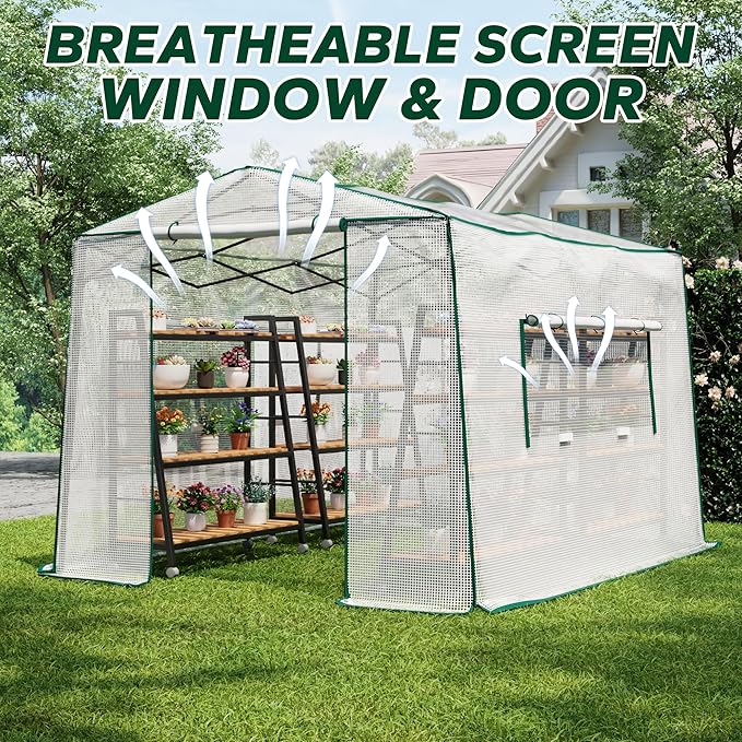 11.5x8.5x7.4 ft Walk-in Greenhouse, Portable Plant Hot House with Zipper Windows & Doors, PE Cover & Steel Frame, for Garden, Backyard