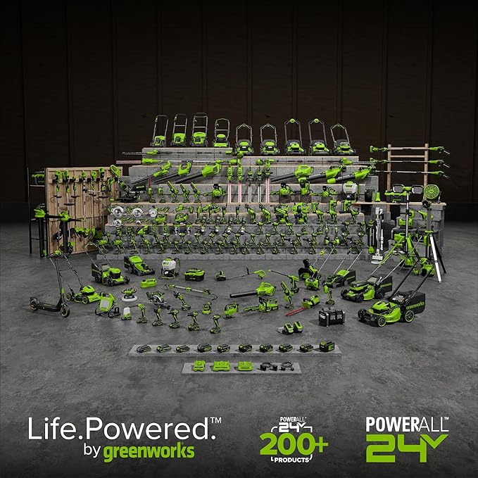 Greenworks 48V (24V x 2) 17" Brushless Mower+12" String Trimmer+320CFM Blower+310 in./lbs Drill Driver, (2) 4.0Ah Batteries and (2) 2.0Ah Batteries, 2A Dual Port Charger