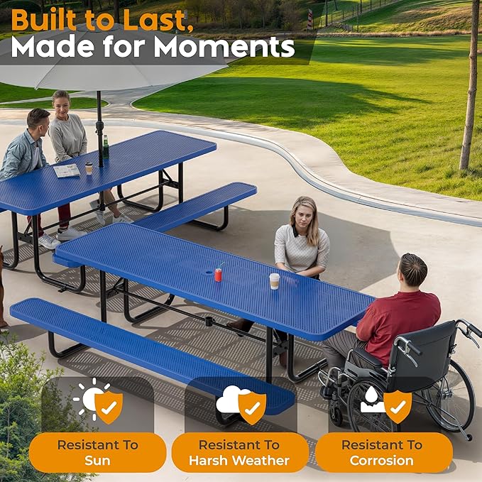 OUTTANS Commercial Heavy-Duty Metal Picnic Table - ADA Compliant, Adjustable Seats, Umbrella Hole (Blue, 8' Rectangular, Punched Steel)