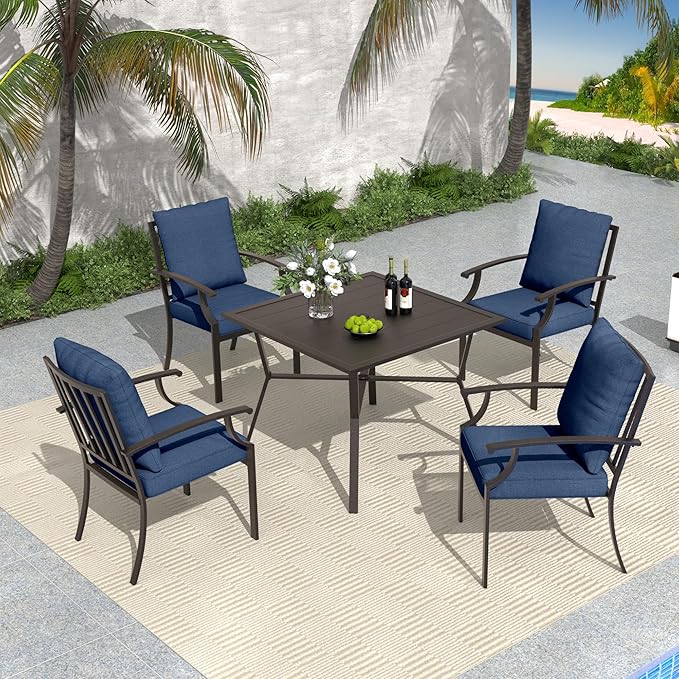 5-Piece Outdoor Patio Dining Set，4pcs Mental Chairs and 38’’ Round Dining Table with Umbrella Hole for Patio, Deck, Yard，Garden, Dark Blue