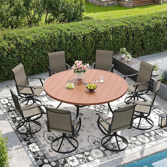 DIFY 60" Round Outdoor Patio Dining Table for 8-10, Metal Patio Table with 1.57" Adjustable Umbrella Hole, All-Weather Dining Furniture Table for Backyard Lawn Garden, Walnut