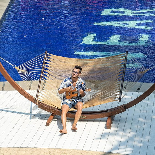 Lazy Daze Hammocks 10.5 FT Double 2 Person Caribbean Rope Hammock, Hand Woven Polyester Hammock with Spreader Bars, for Outside Outdoor Backyard Patio Poolside, 450 LBS Capacity, Tan