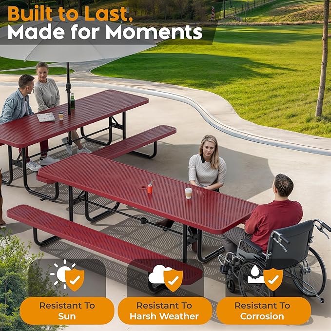 OUTTANS Commercial Heavy-Duty Metal Picnic Table - ADA Compliant, Adjustable Seats, Umbrella Hole (Red, 8' Rectangular, Punched Steel)