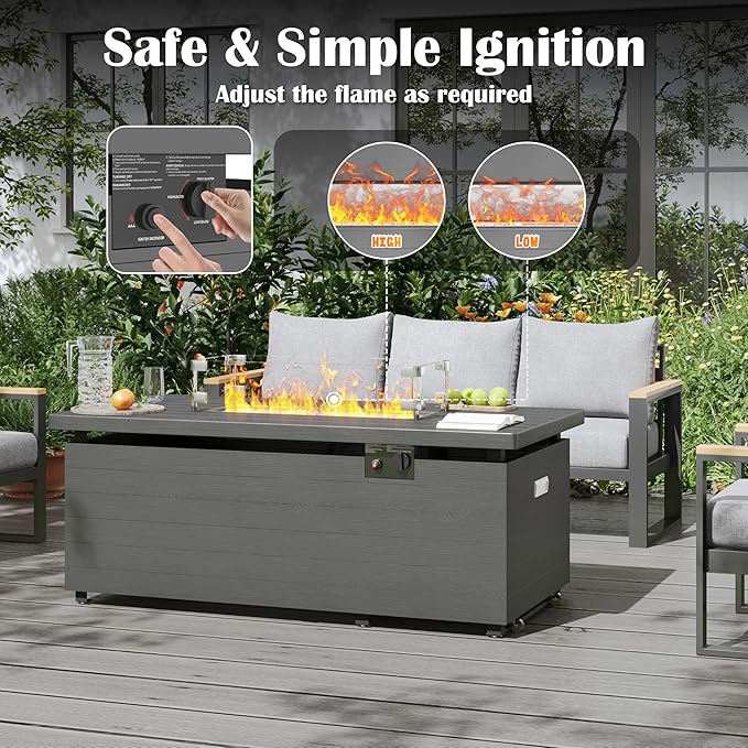 Sundale 51 Inch Outdoor Fire Pit Table, 50,000BTU Rectangle Propane Fire Pit with Sliding Tank Holder, Glass Wind Guard, Removable Lid, CSA Certified, Gray