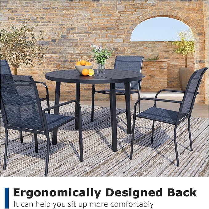 5 Pieces Patio Dining Set for 4, Dark Blue Patio Stackable Chairs and Black Round Table Set of 4, Outdoor Furniture Set with Sling Support for Outside, Garden