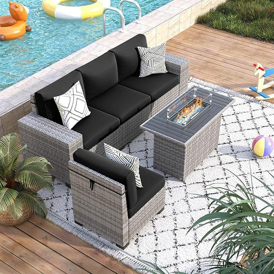 5 Piece Patio Furniture Set with Fire Pit Table, Outdoor Sectional Conversation Sets Grey Wicker Rattan Sectional Sofa for Patio Garden Backyard, 4'' Thickened Cushion Black