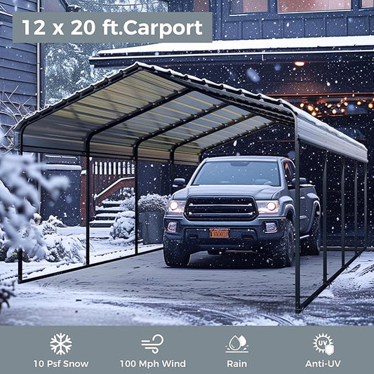 GREEN PARTY 12 x 20 ft Metal Carport Kits with Galvanized Steel Roof, Heavy Duty Metal Carport Canopy, Outdoor Car Tent Metal Garage Shelter for Car, SUV, Truck and Boats, Grey