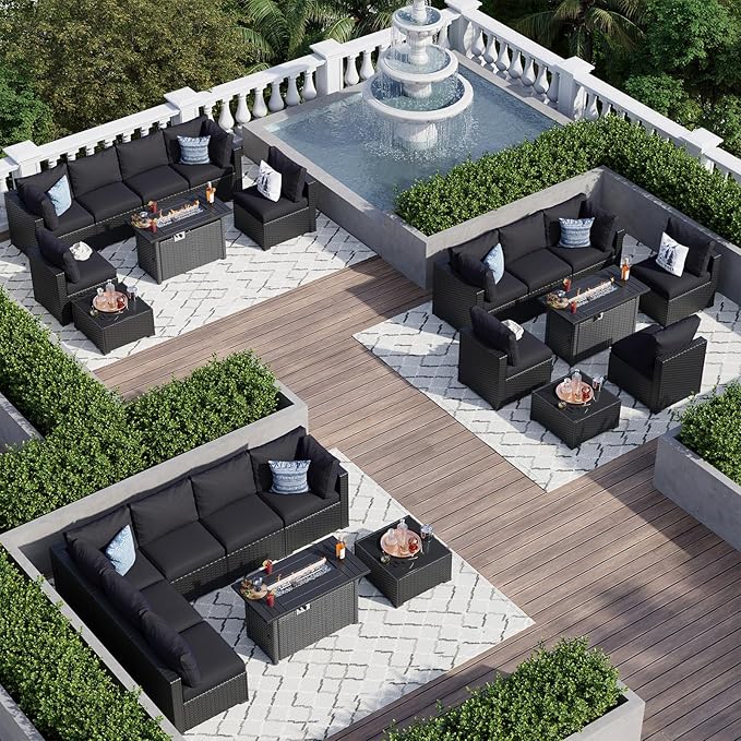 Aoxun 8 Piece Patio Furniture Set with 44” Fire Pit Table Wicker Rattan Patio Sectional Sofa Set Outdoor Seating Furniture with Thickened Cushion, Black