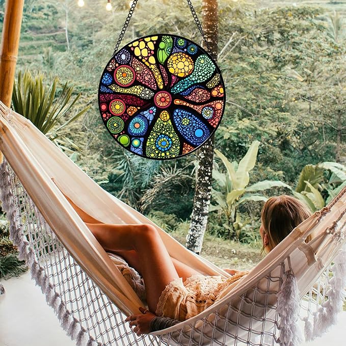 QZQCBLC Stained Glass Window Hanging Colorful Abstract Plants 9.8" - Retro Boho Suncatcher Door Garden Sun Catcher Home Decor Birthday Christmas for Mom Men Woman Nana