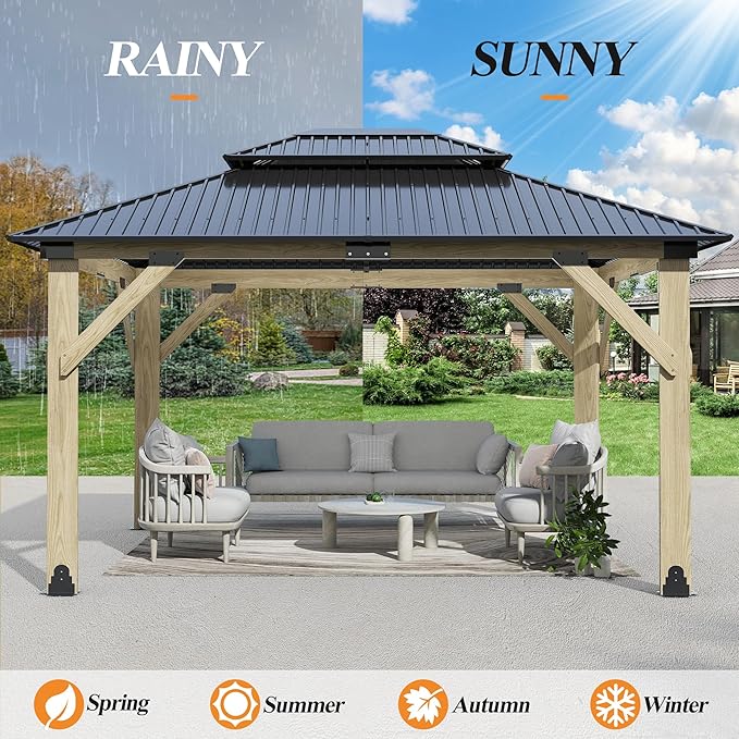 GARTOO 11’x13’ Outdoor Wooden Gazebo - Patio Galvanized Steel Gazebo with Double Vented Roof, Heavy-Duty Wooden Gazebos for Garden, Lawn, Poolside, Backyard Deck