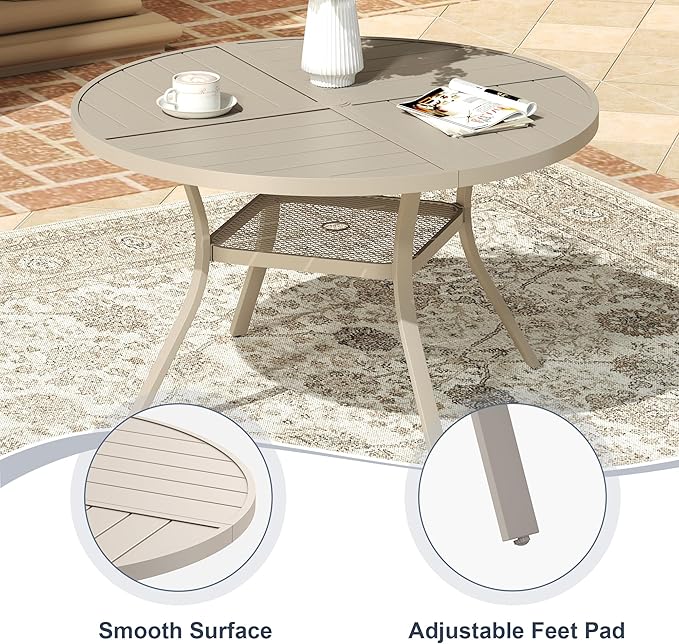 VICLLAX Round Patio Dining Table, 4 Person Metal Outdoor Dining Table with Umbrella Hole and Storage Shelf for Garden Lawn Deck, 40.6" Sandshell