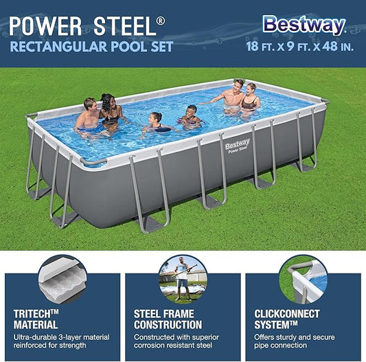 Bestway Power Steel 18' x 9' x 48" Rectangular Metal Frame Above Ground Swimming Pool Set with 1,500 GPH Filter Pump, Ladder, and Pool Cover