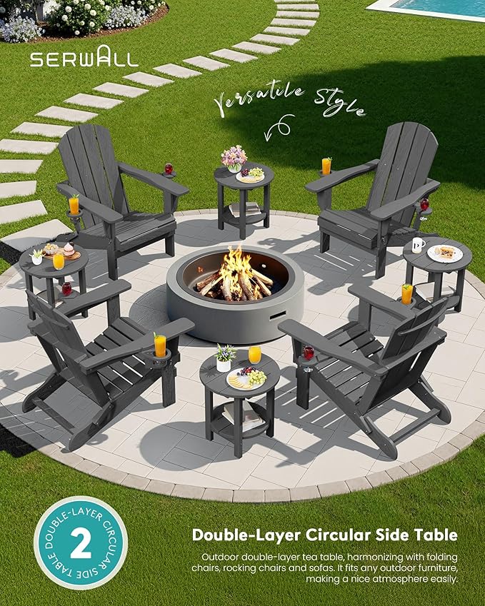 SERWALL Round Outdoor Side Table Set of 4, HDPE Small Adirondack Double End Table, Gary