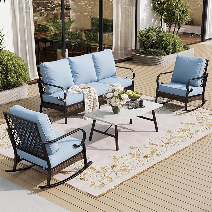 4 PCS Metal Outdoor Patio Furniture Set, Patio Conversation Sets 1 3-Seater Sofa, 2 Rocking Chairs with 5.75" Extra Thick Cushion & Coffee Table, Black Frame Backyard Furniture, Blue