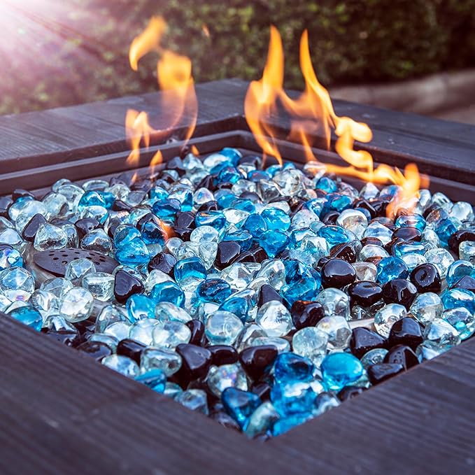 Fire Glass Diamond 1 Inch Fire Pit Glass Rocks for Propane or Gas Fire Pit 20 Pounds White/Onyx Black/Margarita Azura Blue Blend