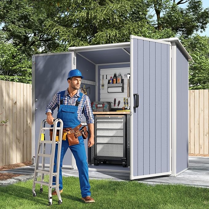 Aoxun 5 x 3 FT Outdoor Storage Shed, Resin Shed with Floor & Lockable Doors, Small Garden Shed Waterproof Plastic Tool Shed with Sloped Roof for Backyard, Garden, Patio, Lawn, Grey