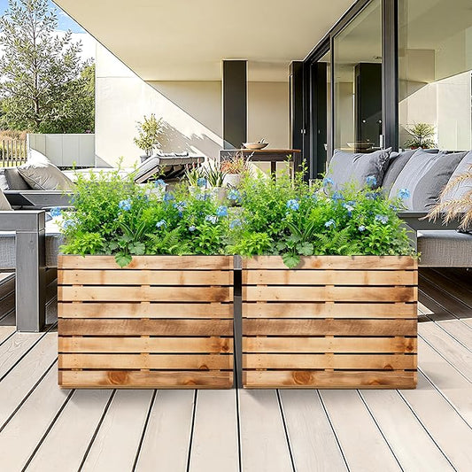 Metal Planter Box Rectangular Planter Box with Drainage Hole, Outdoor Large Planters, All-Weather Use, Rust-Resistance, for Flowers Plants, 29.9" L × 12" W × 24" H, Dark Walnut