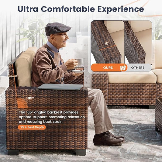 UDPATIO Patio Furniture Set, 8 Inch Armrest Patio Sectional Furniture, 6 Piece Wicker Outdoor Sectional Conversation Sets with Waterproof Cover and Coffee Table for Backyard Deck(Brown/Khaki)