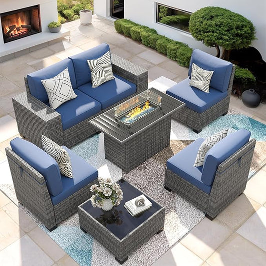 7 Piece Patio Furniture Set with Fire Pit Table, Outdoor Conversation Sets Wicker Rattan Sectional Sofa with Coffee Table, 4'' Thickened Cushion Navy Blue (Include Waterproof Cover)