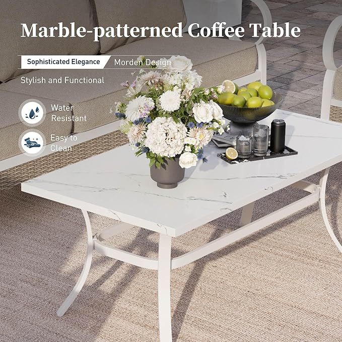 4 Piece Metal Outdoor Patio Furniture Sets, Patio Conversation Sets 1 2-Seater Sofa, 2 Single Sofa with 5.75" Thick Cushion and Coffee Table, White Frame Backyard Furniture, Beige