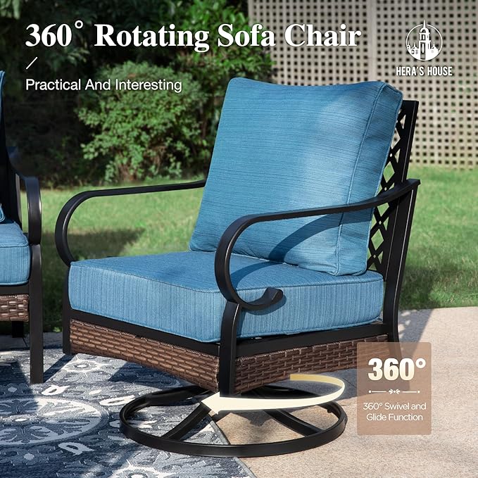 HERA'S HOUSE 6 Piece Metal Patio Furniture Set with 56" Fire Pit Table, All Weather Outdoor Conversation Set 7 Seats, 3 Seat Sofa, 2 Swivel Chair, 2 Fixed Chair for Backyard Garden Deck, Pacific Blue